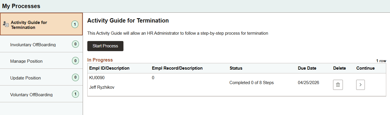 My Process page showing the process Due Date field