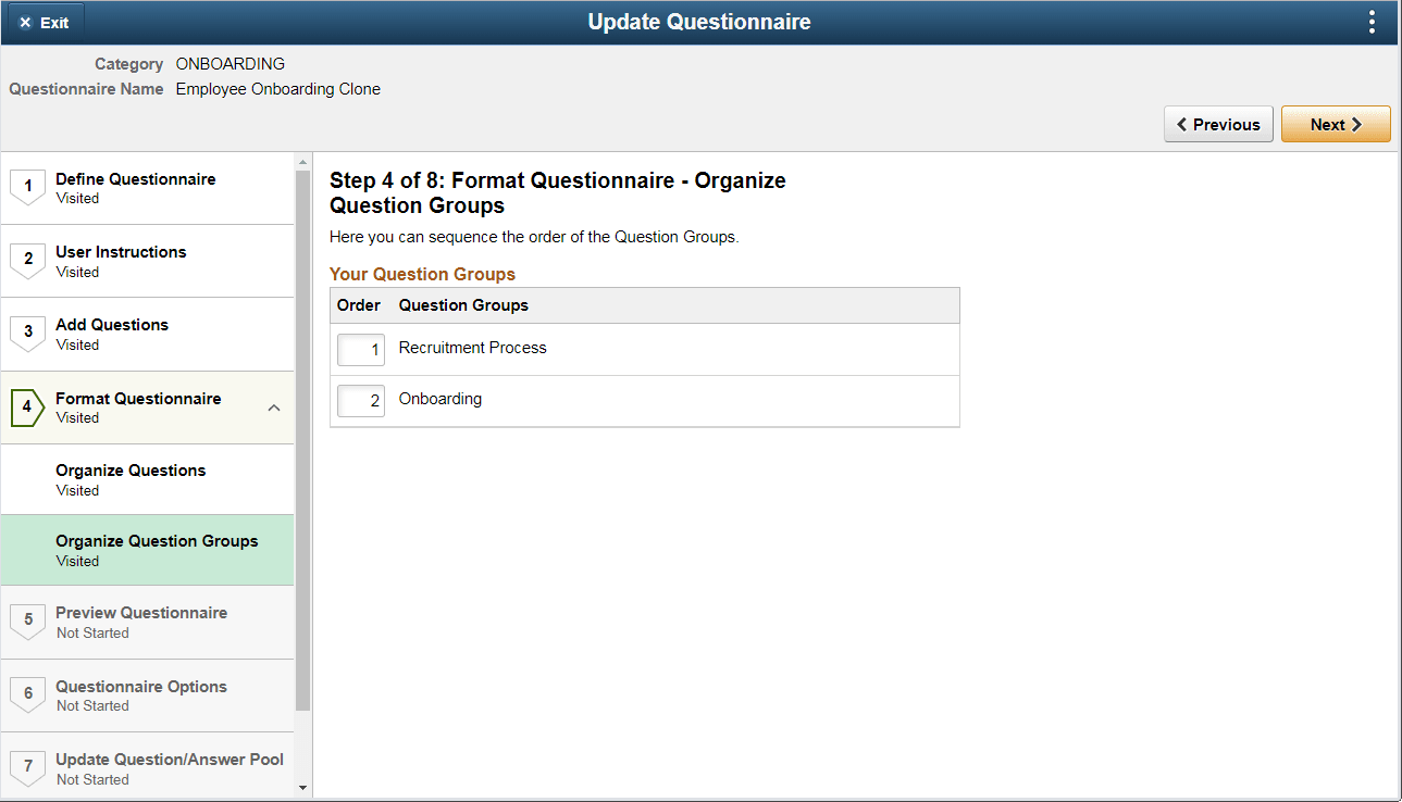 Format Questionnaire - Organize Question Groups page Format Questionnaire - Organize Question Groups page