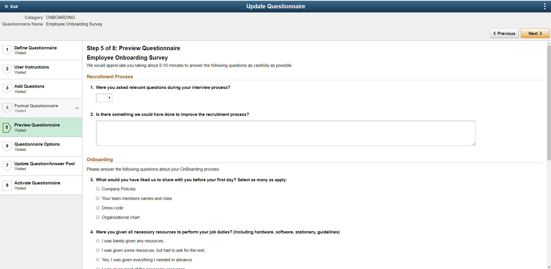 Preview Questionnaire page Preview Questionnaire page