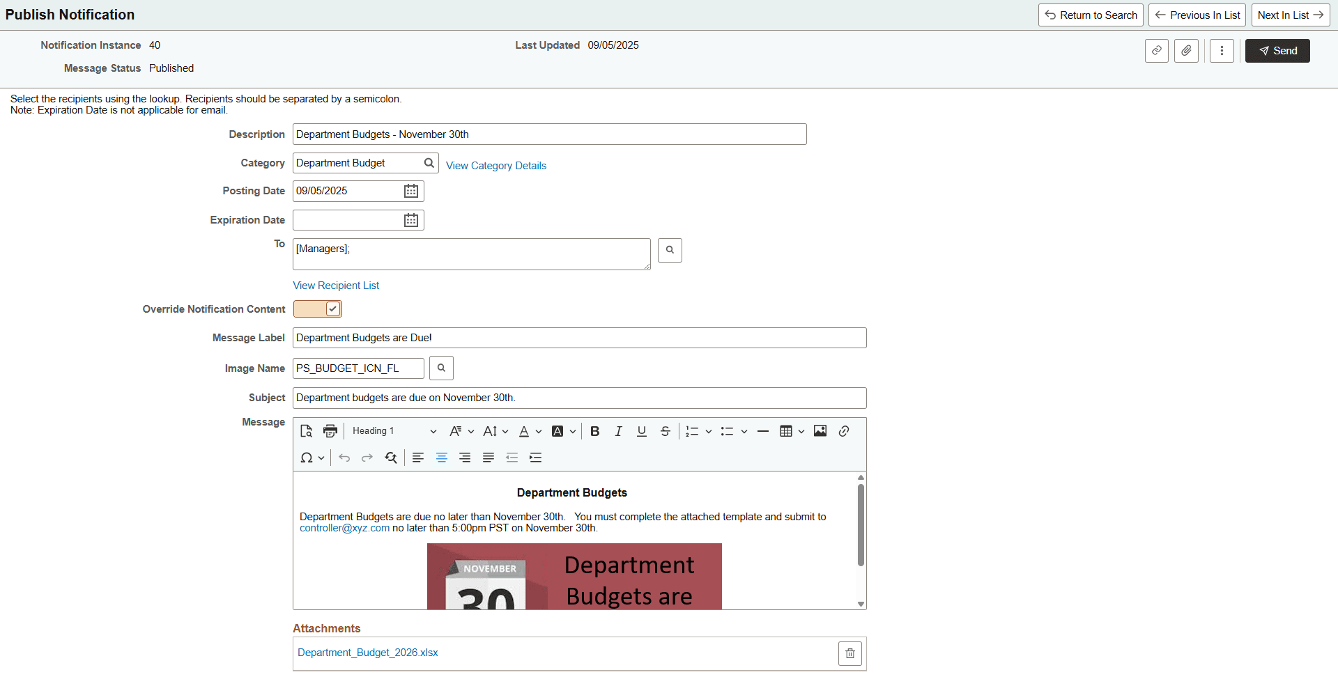Publish Notification page (published notification that is displayed in a landing page section)