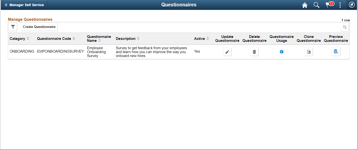 Manage Questionnaires page Manage Questionnaires page