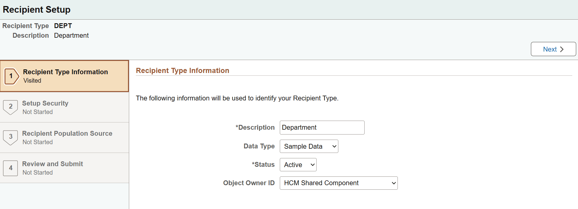 Recipient Type Information page Recipient Type Information page
