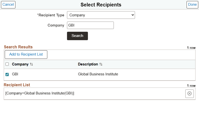 Select Recipients page Select Recipients page