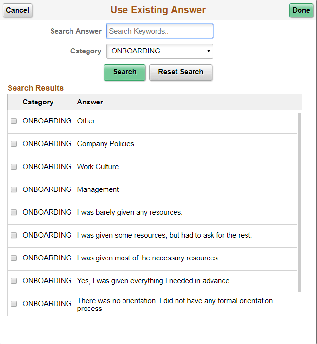 Use Existing Answers page Use Existing Answers page