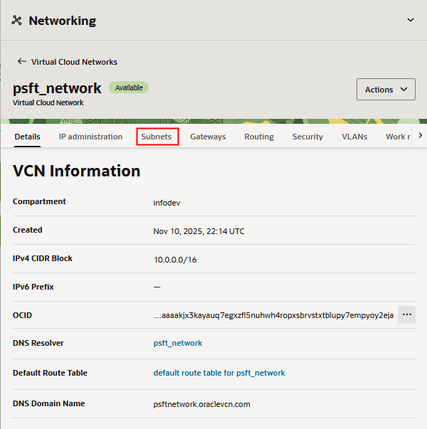 VCN details page