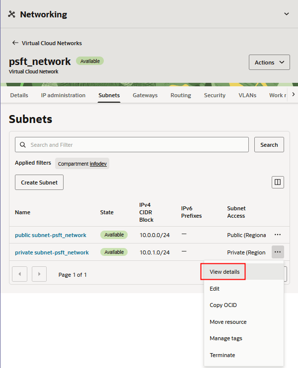 Subnet tab on VCN details page