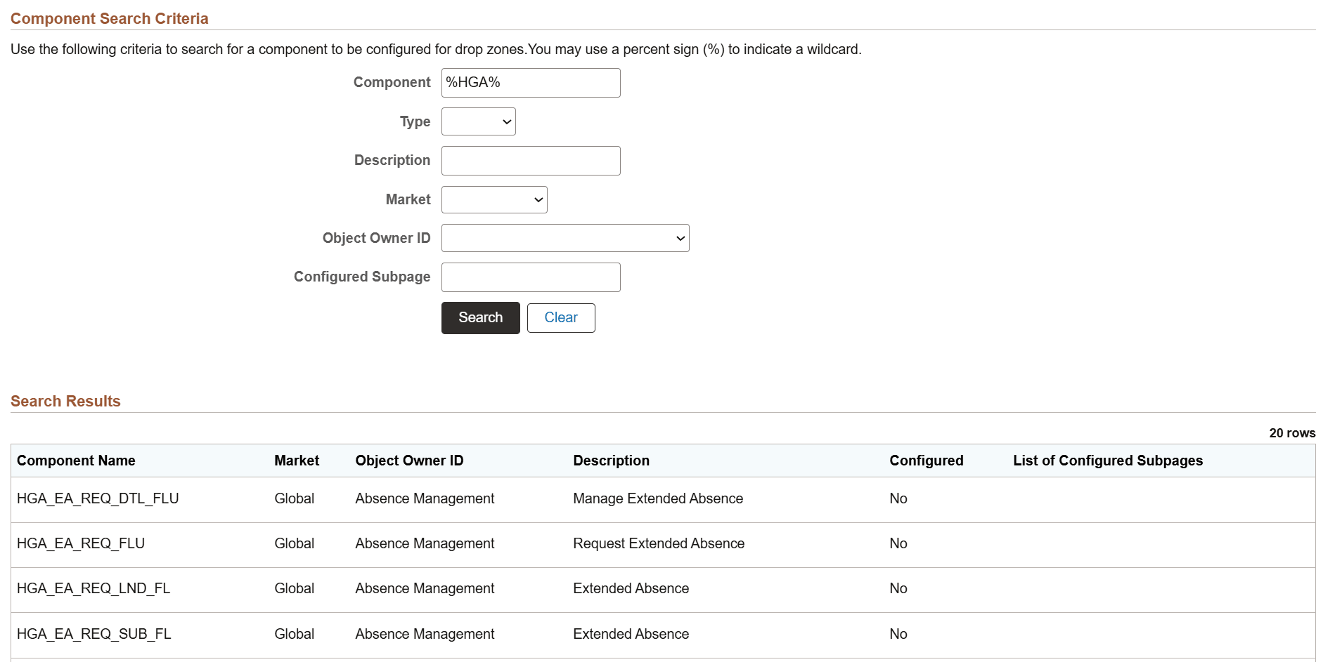 Configure Drop Zones search page