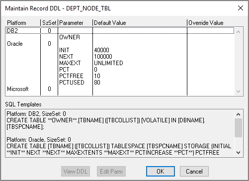 Maintain Record DDL dialog box Maintain Record DDL dialog box
