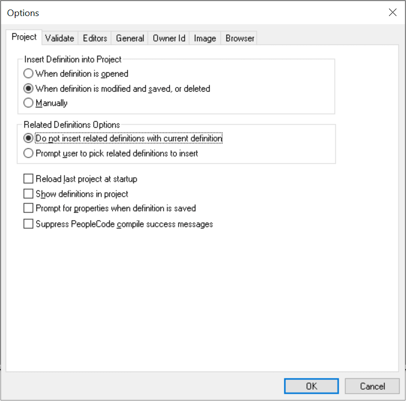 Options Dialog box: Project Tab Options Dialog box: Project Tab
