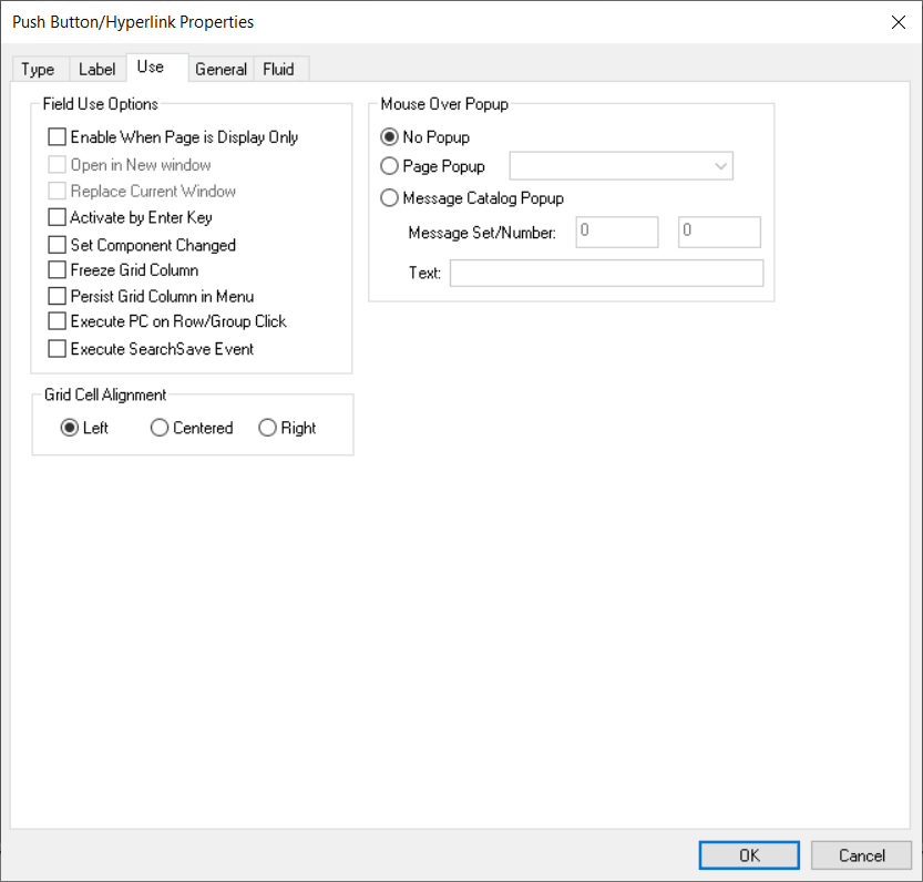 Push Button/Hyperlink Properties dialog box: Use tab