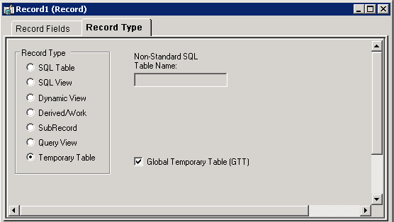 Global Temporary Table check box in Application Designer. Global Temporary Table check box in Application Designer.