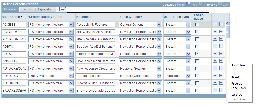 Define Personalizations grid showing scroll bar pop-up menu Define Personalizations grid showing scroll bar pop-up menu