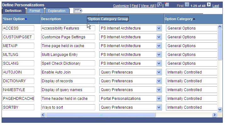 Dragging the Option Category Group column Dragging the Option Category Group column