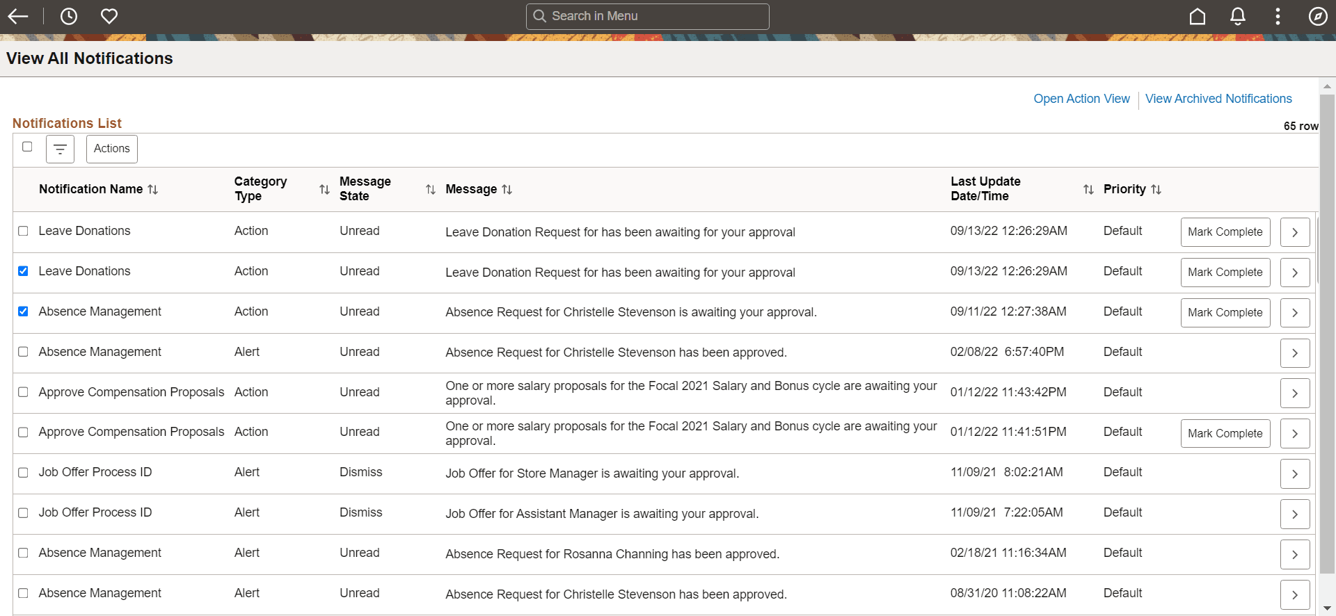View All Notifications page - Mark Complete View All Notifications page - Mark Complete