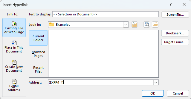 Insert Hyperlink dialog box Insert Hyperlink dialog box