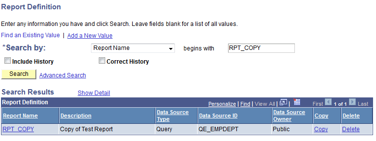 Report Definition Search page (Deleting a report definition) Report Definition Search page (Deleting a report definition)