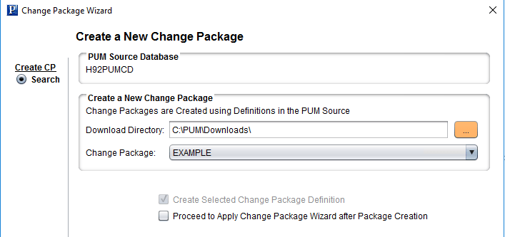 Create a New Change Package page Create a New Change Package page