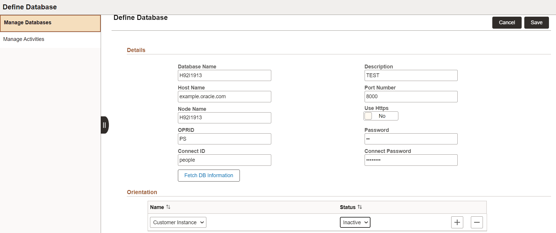 Define Database page Define Database page