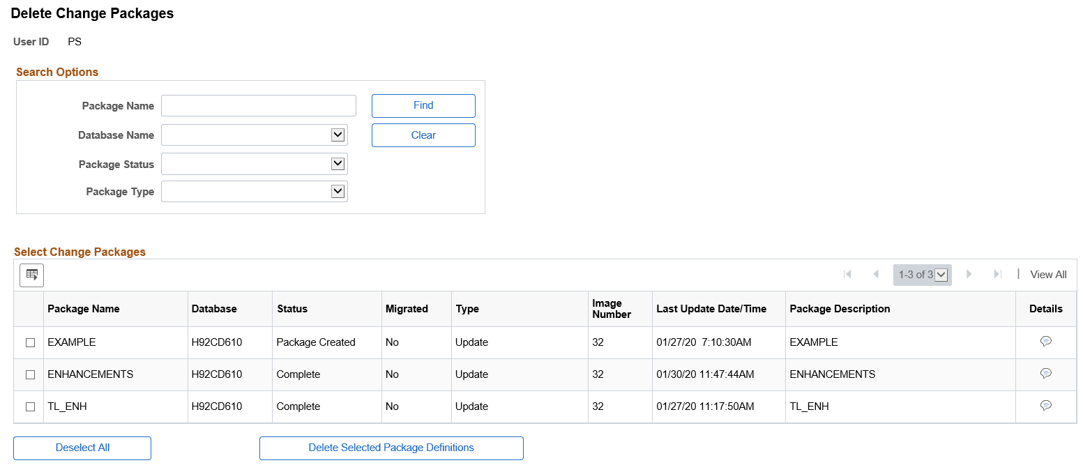 Delete Change Package page Delete Change Package page