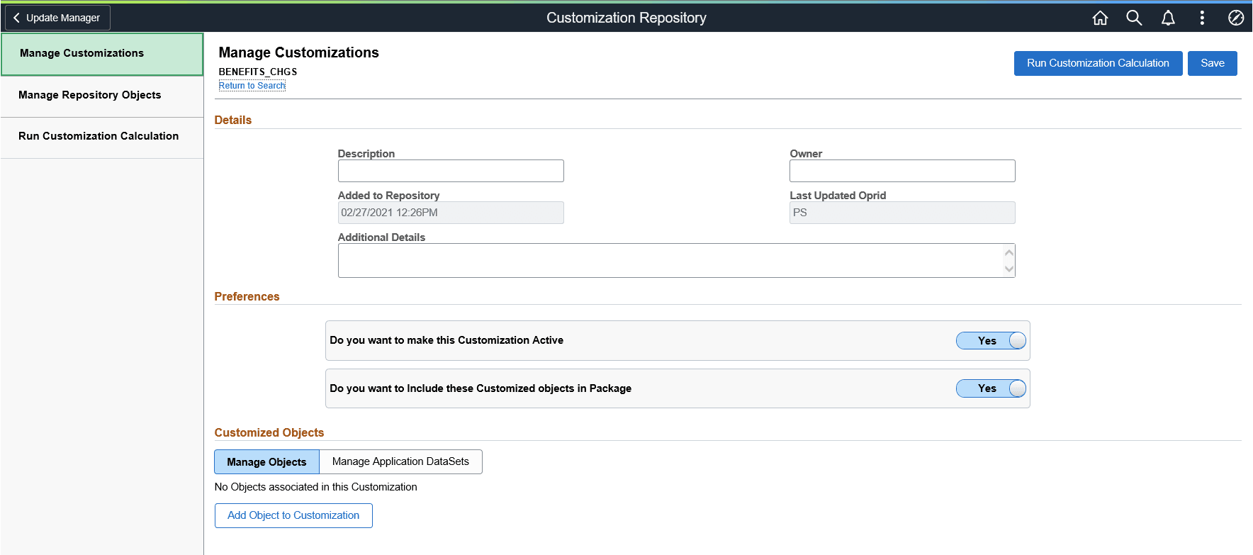 Manage Customizations page for a new customization Manage Customizations page for a new customization