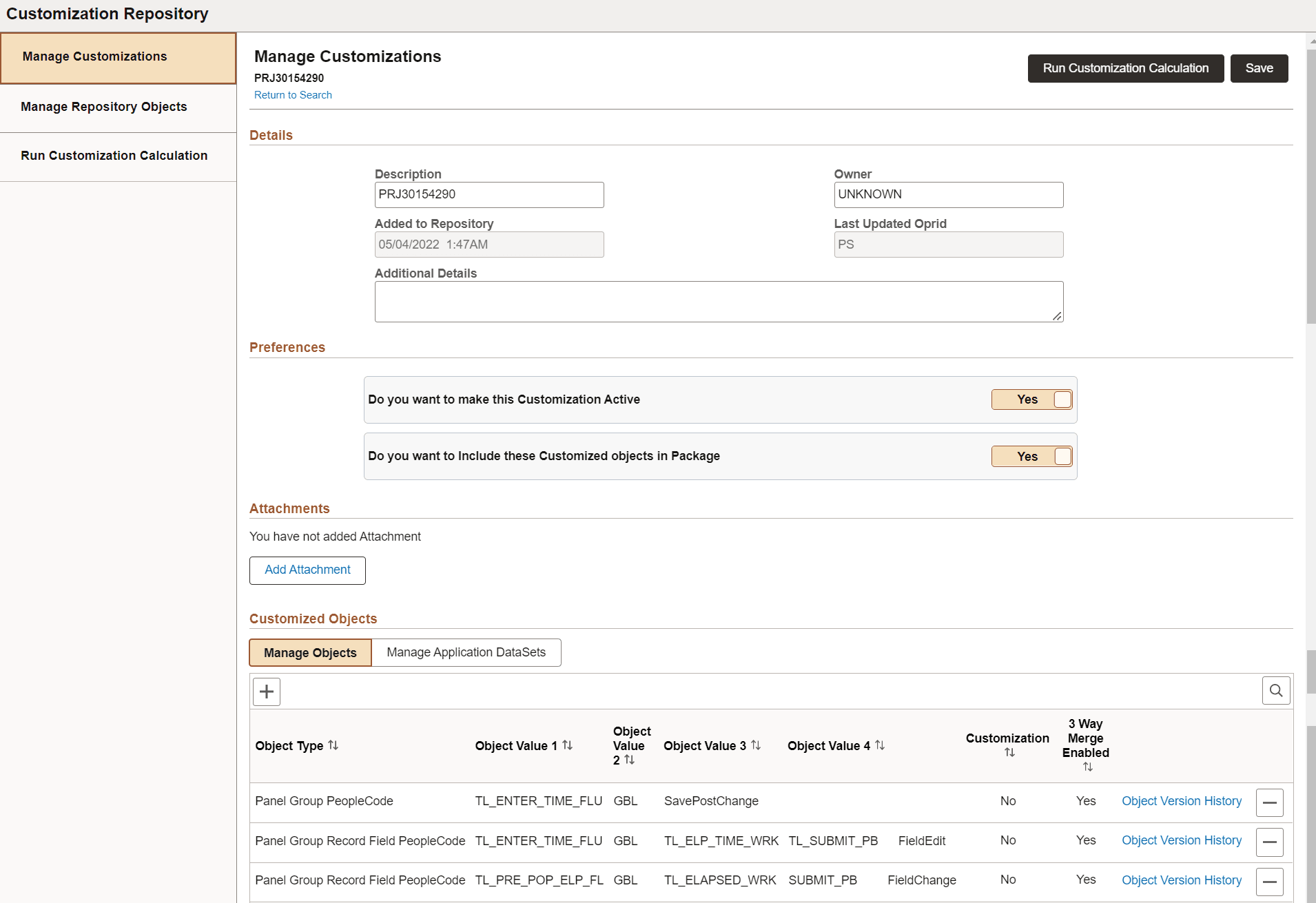 Manage Customizations page Manage Customizations page