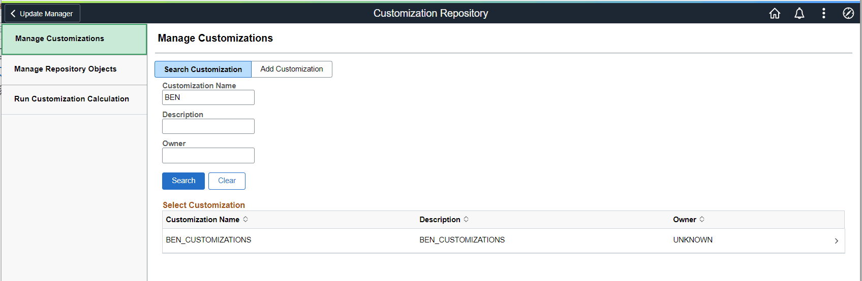 Manage Customizations Search page Manage Customizations Search page