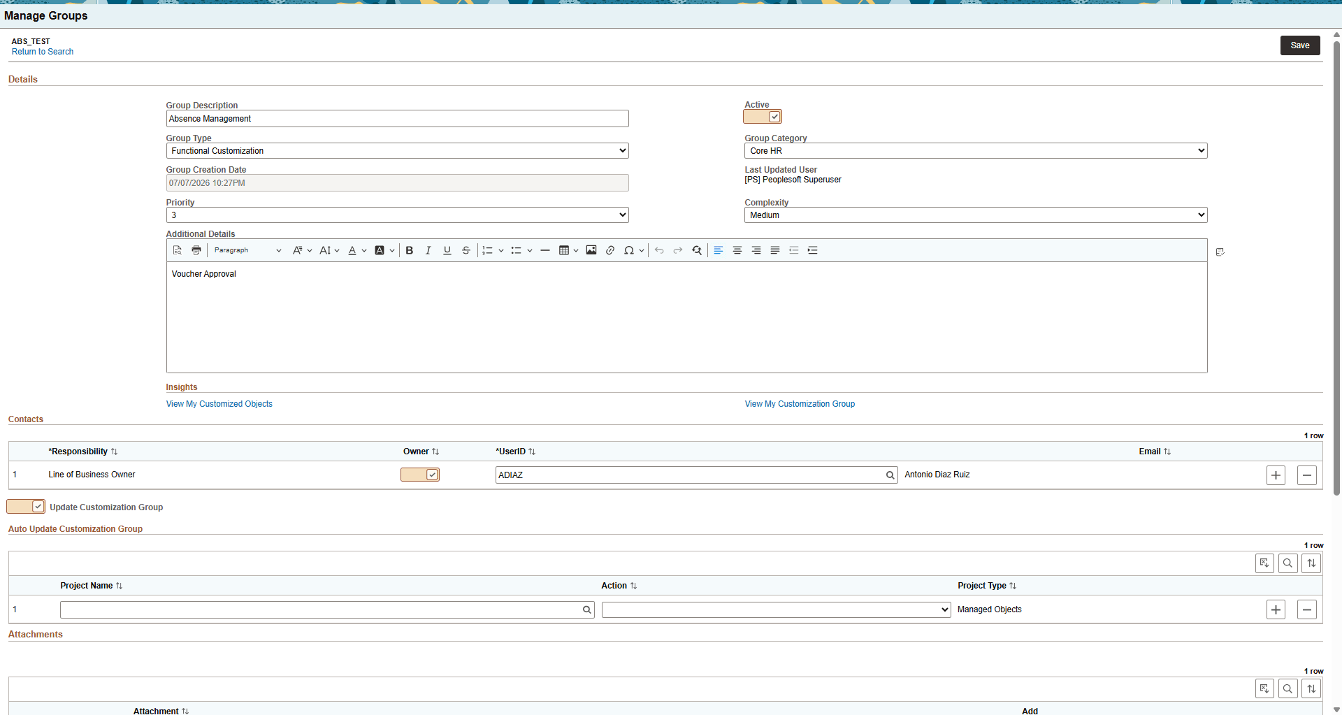 Manage Groups page Manage Groups page