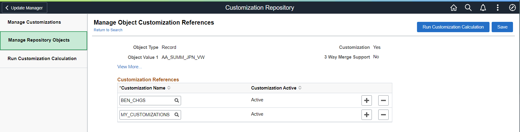Manage Object Customization References page Manage Object Customization References page