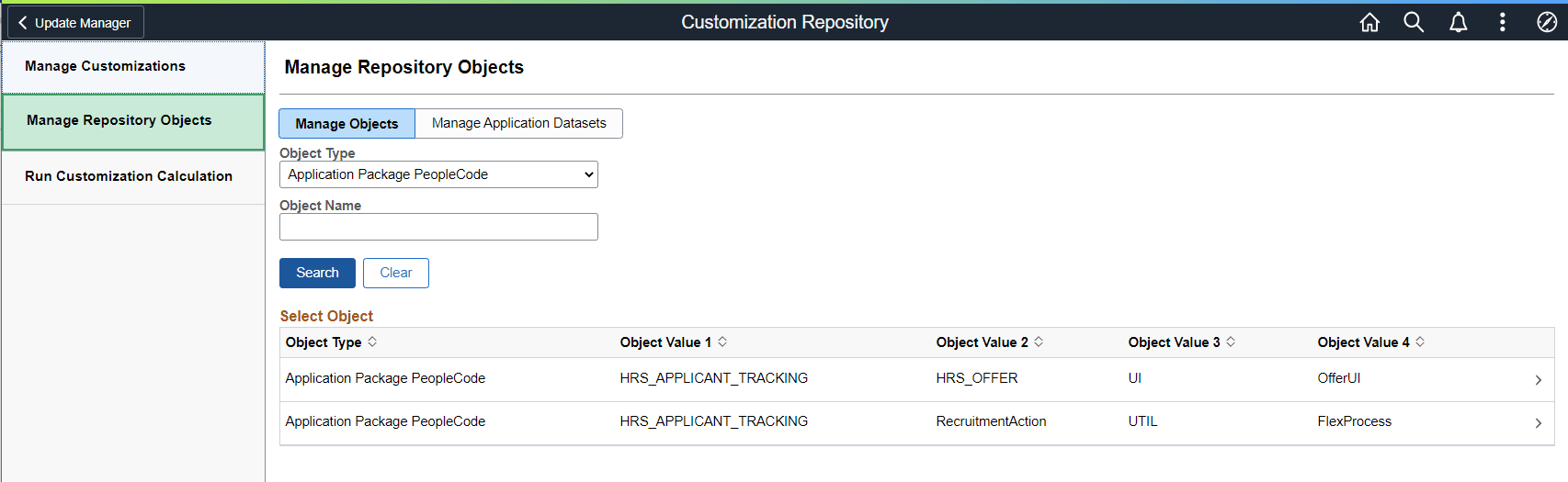 Manage Repository Objects page Manage Repository Objects page