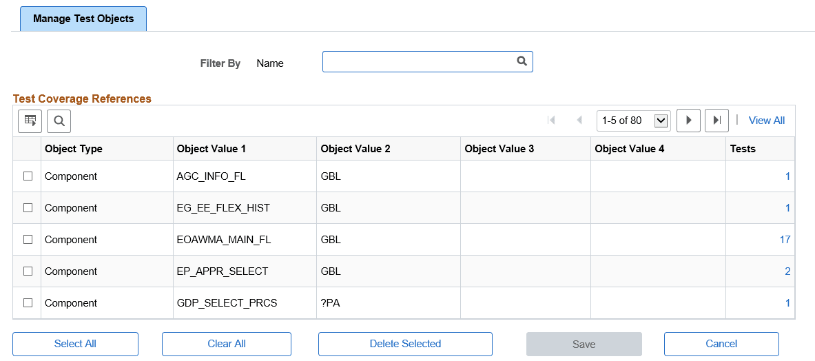 Manage Test Objects page Manage Test Objects page