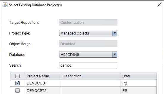 Select Existing Database Project(s) page Select Existing Database Project(s) page