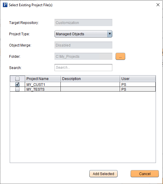 Select Existing Project File(s) page Select Existing Project File(s) page