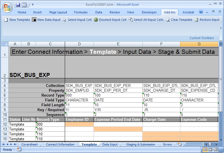 Template tab in Excel to Component Interface utility. Template tab in Excel to Component Interface utility.