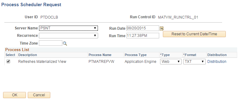 Process Request page showing PTMATREFVW Application Engine process type. Process Request page showing PTMATREFVW Application Engine process type.