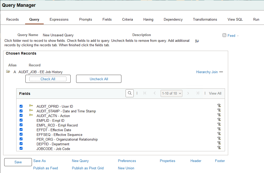 Query Manager - Query page, with all the fields in the AUDIT_JOB record selected. Query Manager - Query page, with all the fields in the AUDIT_JOB record selected.
