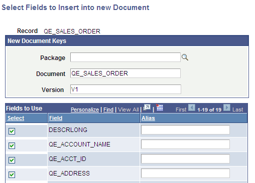 Select Fields to Insert in New Document page Select Fields to Insert in New Document page