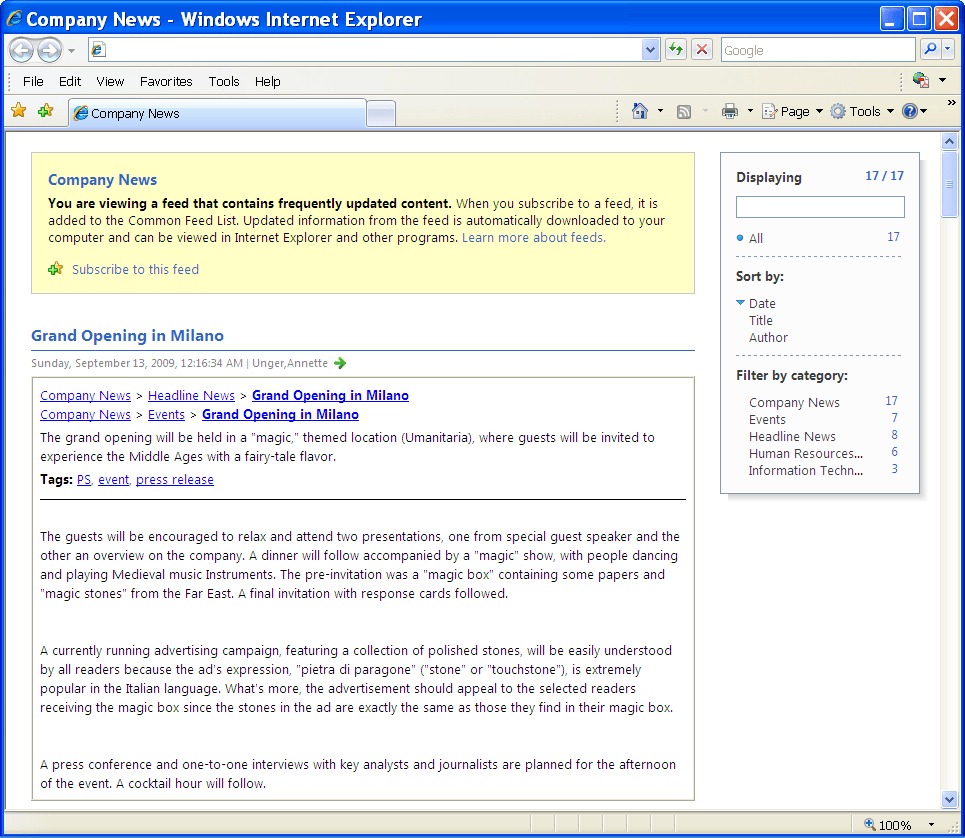 Company News feed in the browser Company News feed in the browser