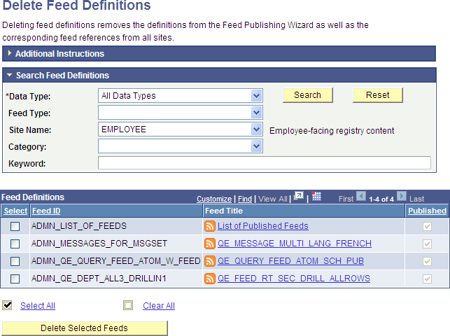Delete Feed Definitions page Delete Feed Definitions page