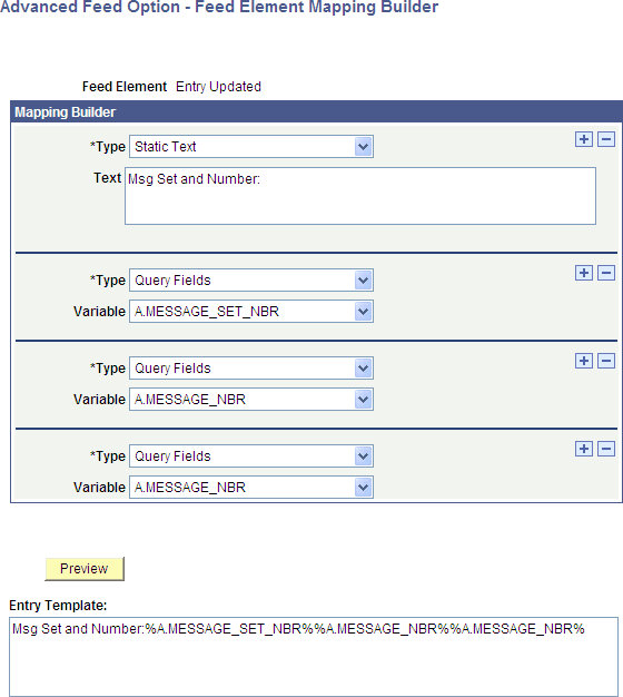 Example of the Feed Element Mapping Builder page showing an assembled feed entry template Example of the Feed Element Mapping Builder page showing an assembled feed entry template