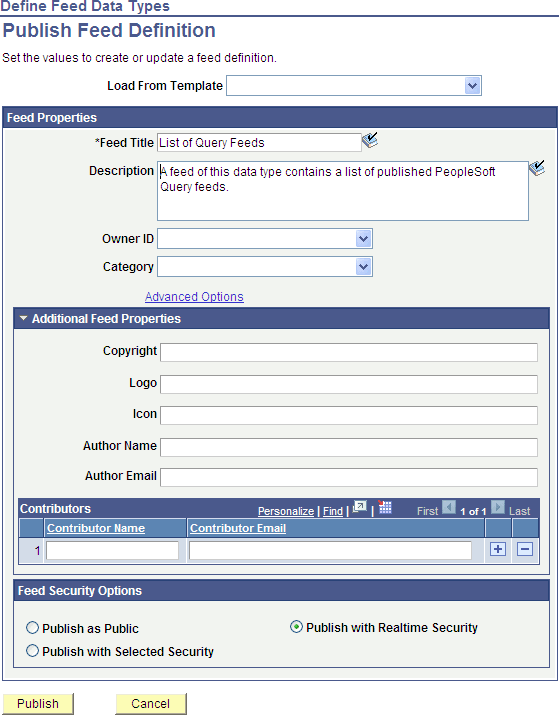 Publish Feed Definition page for a list of feeds type feed Publish Feed Definition page for a list of feeds type feed