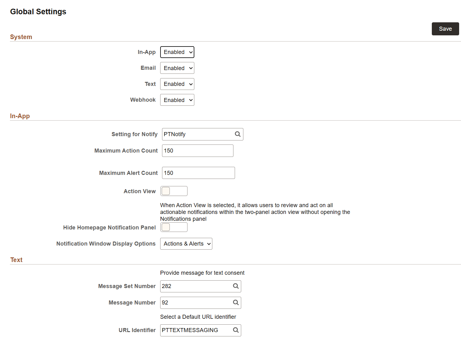 Global Settings page Global Settings page