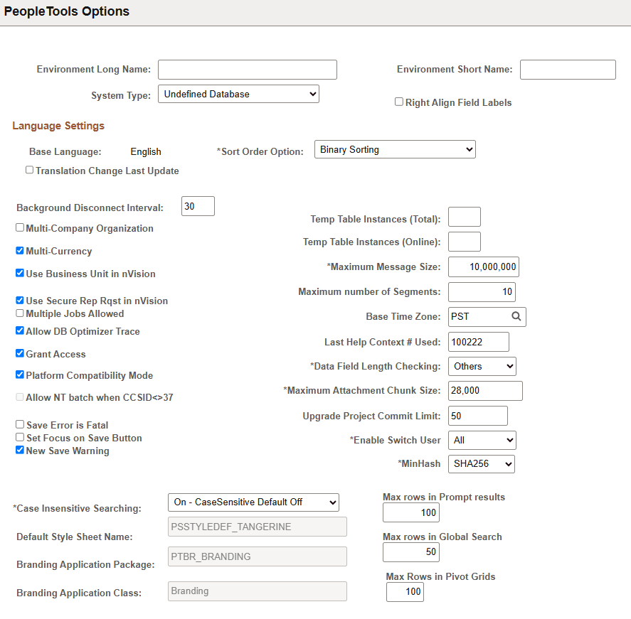 PeopleTools Options page PeopleTools Options page