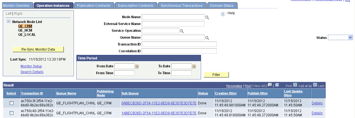 Network Monitor - Operation Instances page Network Monitor - Operation Instances page