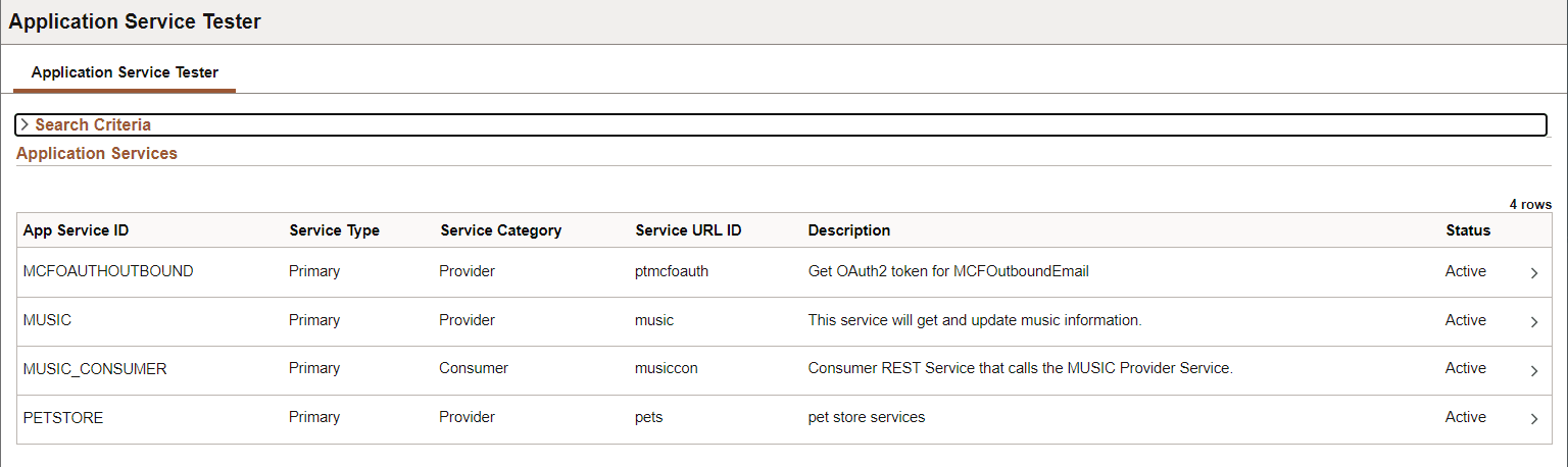 Application Services Tester page Application Services Tester page