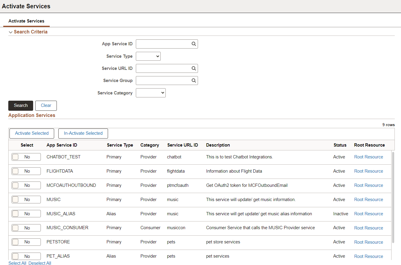 Activate Services page Activate Services page