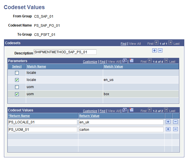 Codeset Values page Codeset Values page