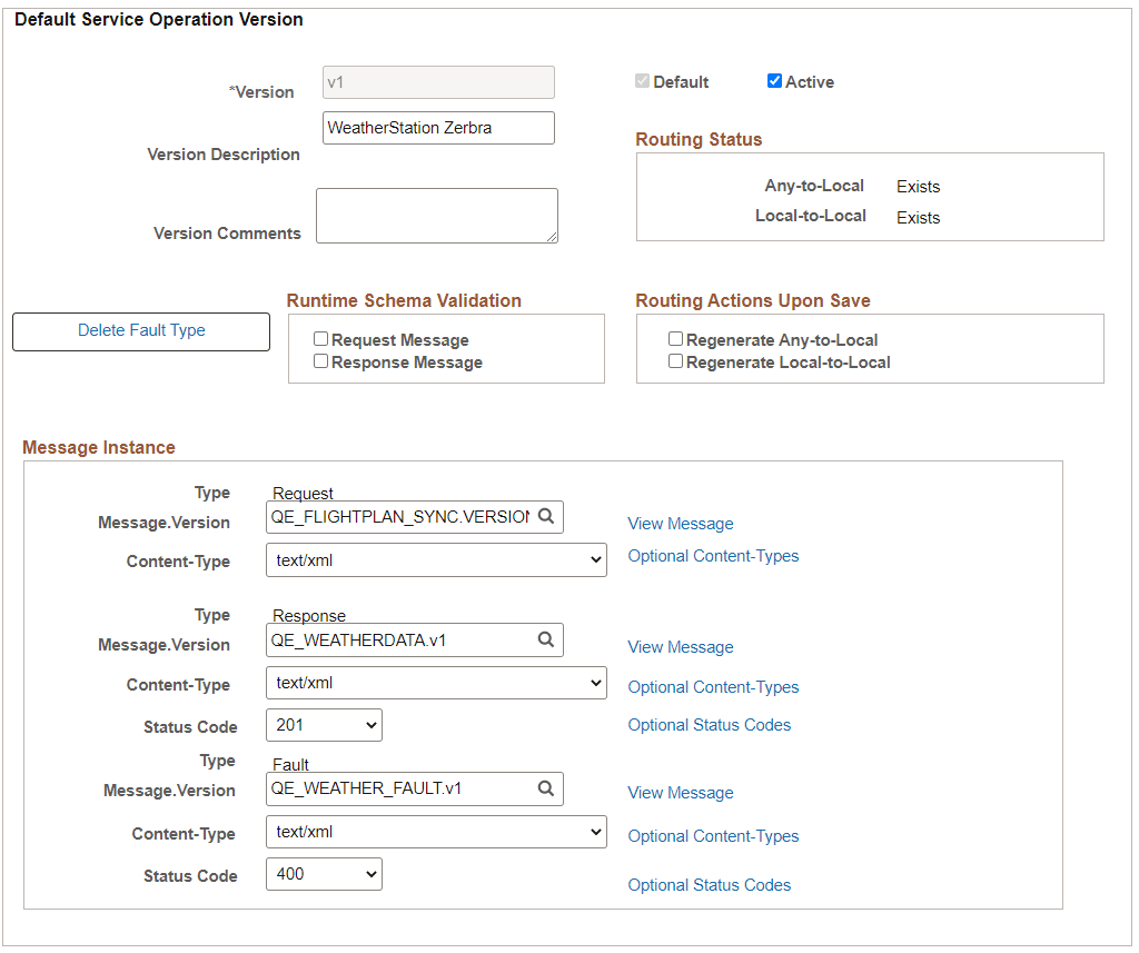 Default Service Operation Version section Default Service Operation Version section