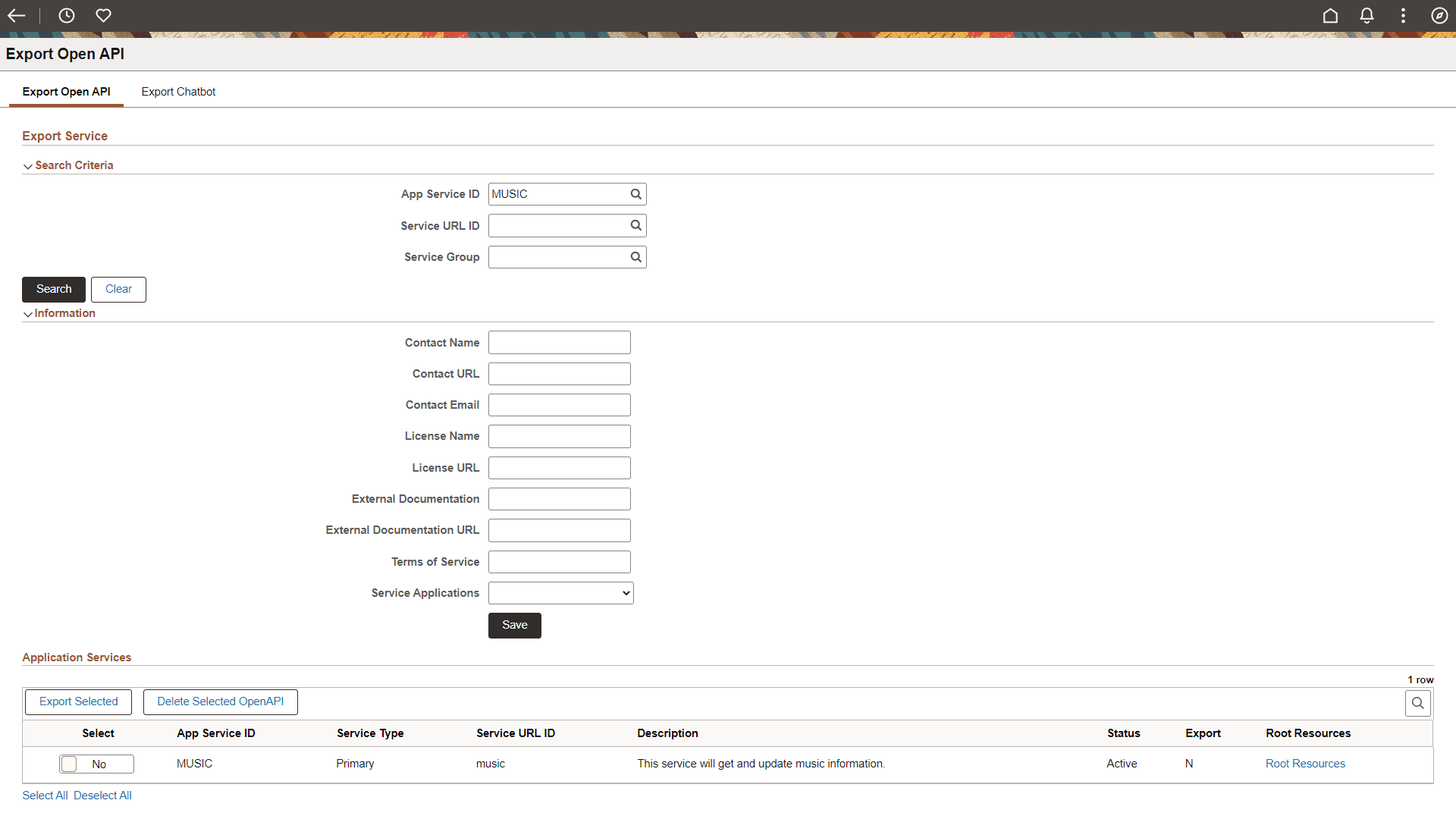 Export Application Service page
