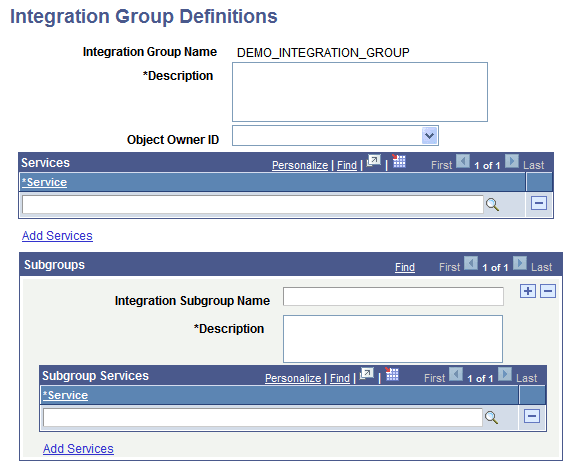 Integration Group Definitions page Integration Group Definitions page