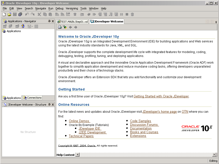 JDeveloper Welcome window JDeveloper Welcome window